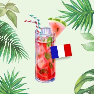Cocktailglas in sommerlicher Umgebung mit gezeichneten Palmenwedel