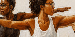 Zwei Frauen führen synchron eine Yoga- oder Fitnessübung mit ausgestreckten Armen aus, in expressivem Kunststil gemalt.
