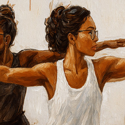 Zwei Frauen führen synchron eine Yoga- oder Fitnessübung mit ausgestreckten Armen aus, in expressivem Kunststil gemalt.